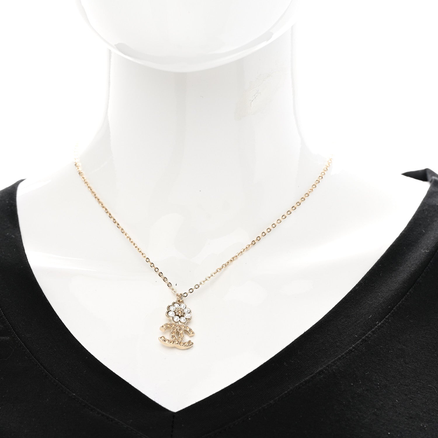 Chanel Pearl Crystal CC Flower Pendant Necklace Gold Light Brown Pearly White 2 of 7