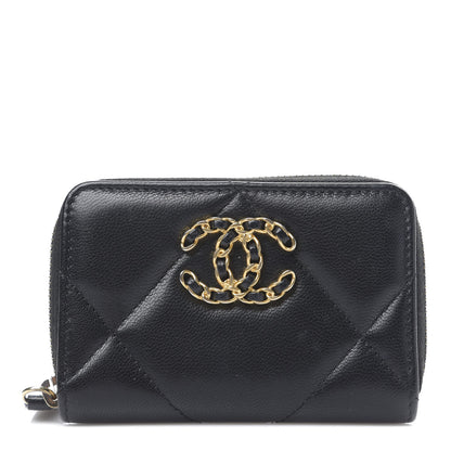 Chanel Shiny Goatskin Quilted Chanel 19 Zip Around Coin Purse Wallet Black 1 of 7