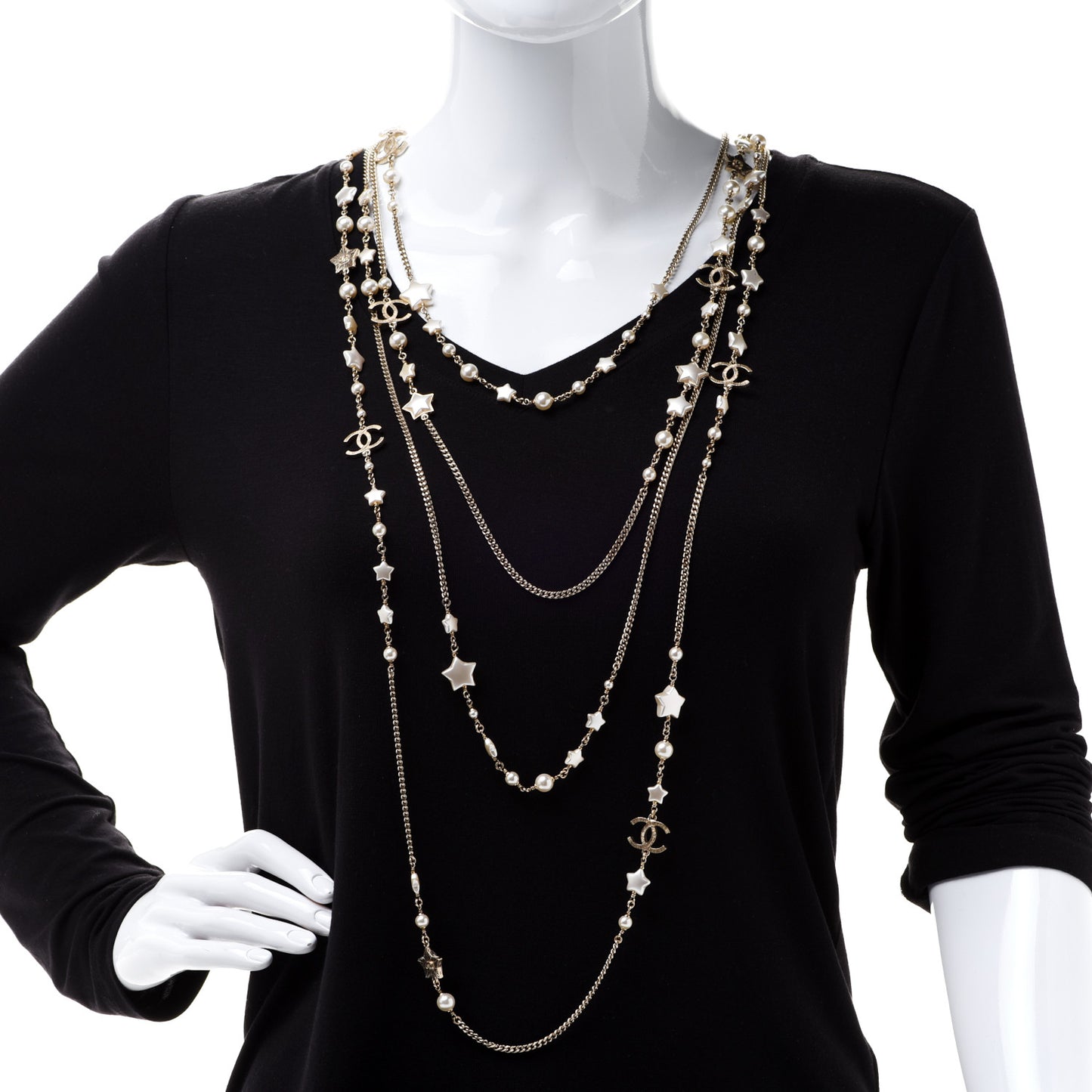 Metal Resin Pearl Star CC Multi Strand Necklace Gold
