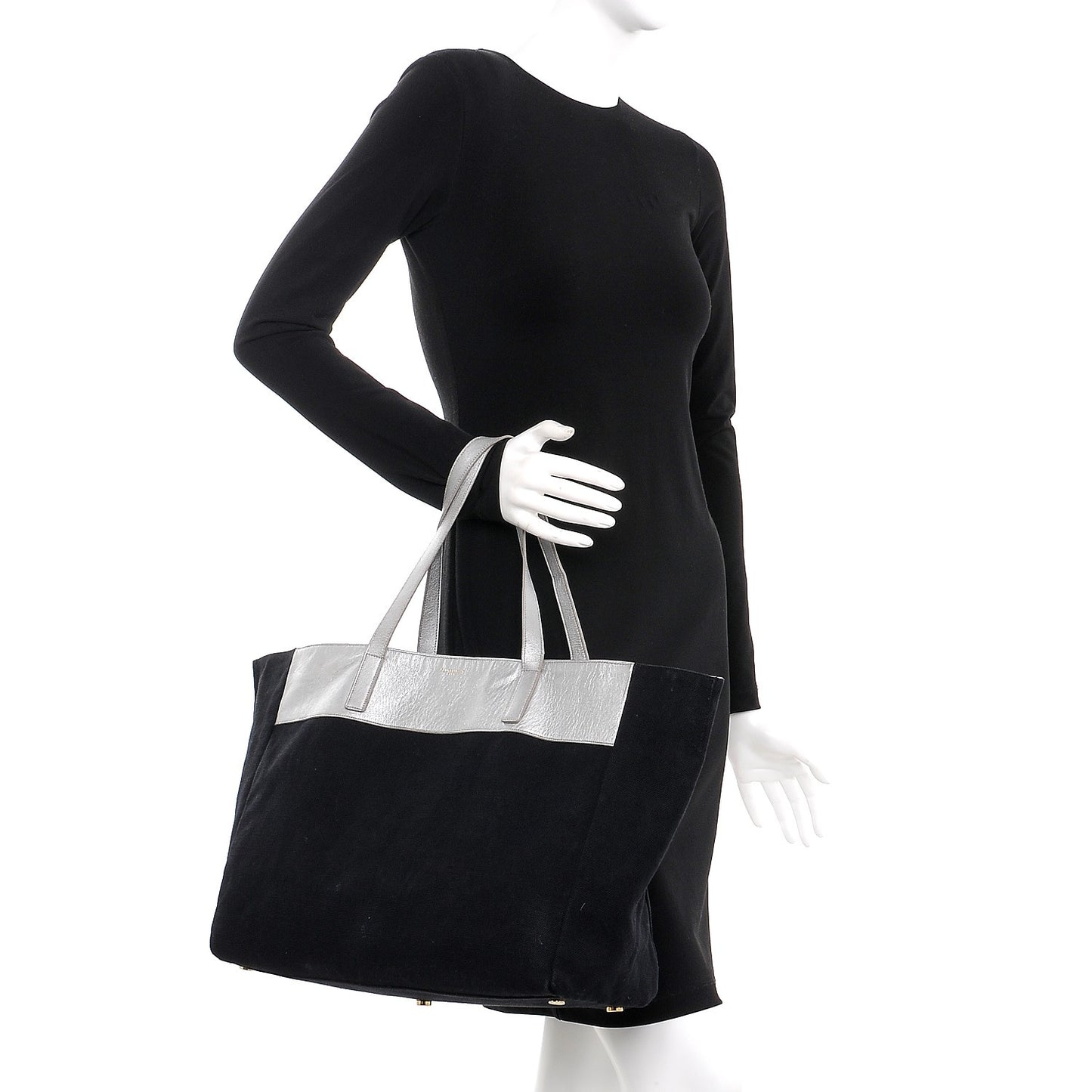 Metallic Calfskin Large Reversible Shopper Tote Bag Black Silver