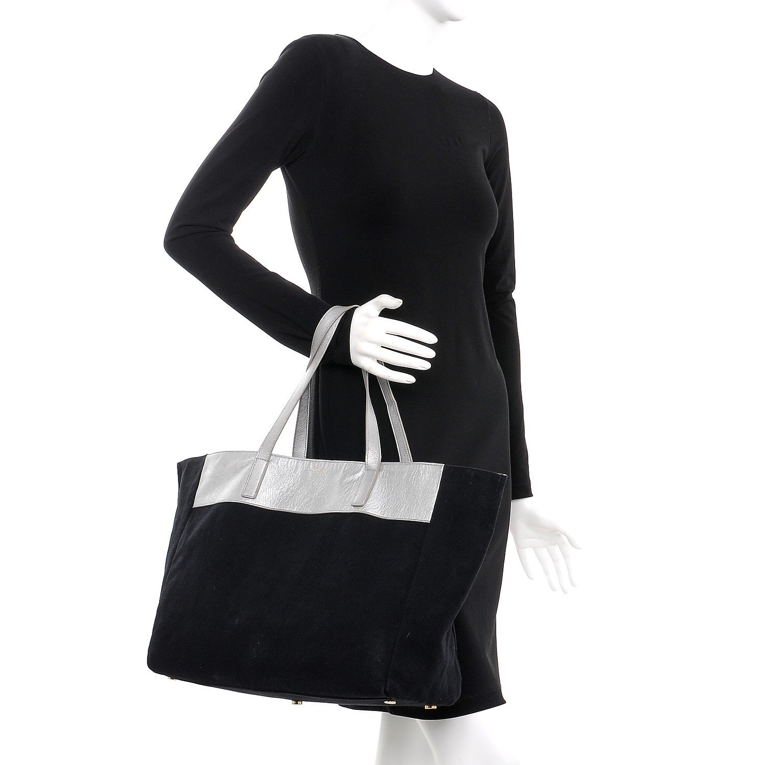 Saint Laurent Metallic Calfskin Large Reversible Shopper Tote Bag Black Silver 2 of 8