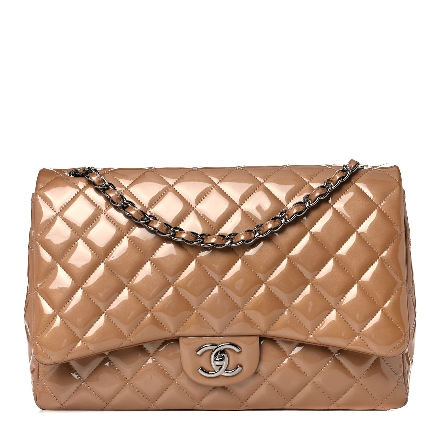 Patent Calfskin Quilted Maxi Double Flap Dark Beige