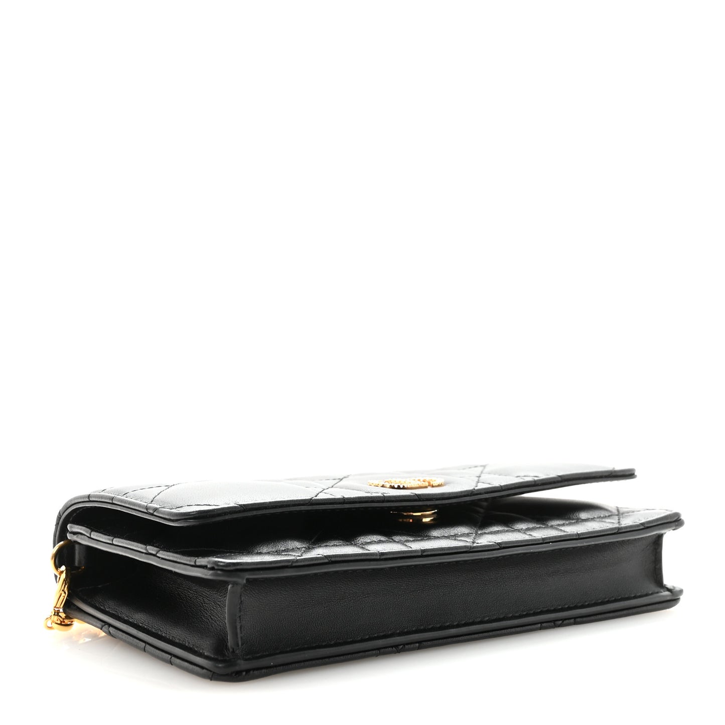 Lambskin Crystal Macrocannage Caro Pouch With Chain Black