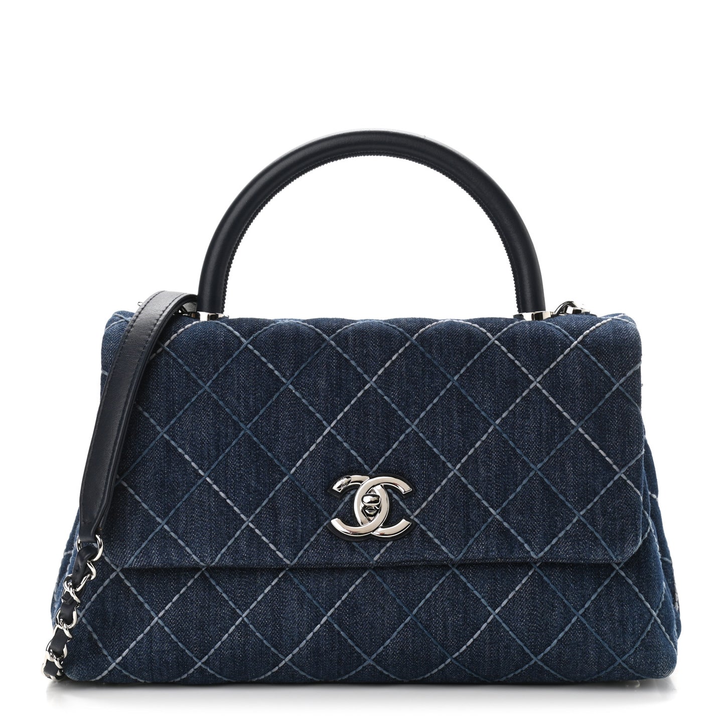 Denim Quilted Small Coco Handle Flap Blue