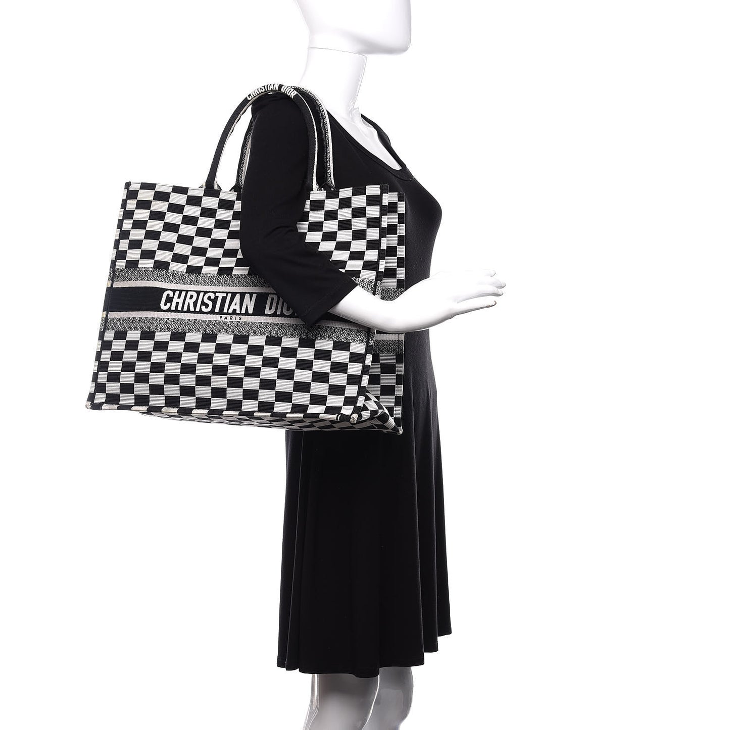 Canvas Embroidered Checkered Book Tote Black White