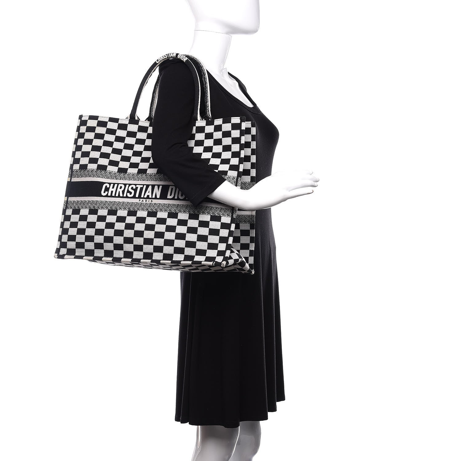 Christian Dior Canvas Embroidered Checkered Book Tote Black White 2 of 11