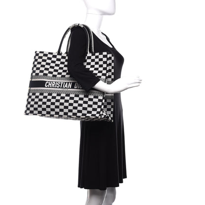 Christian Dior Canvas Embroidered Checkered Book Tote Black White 2 of 11