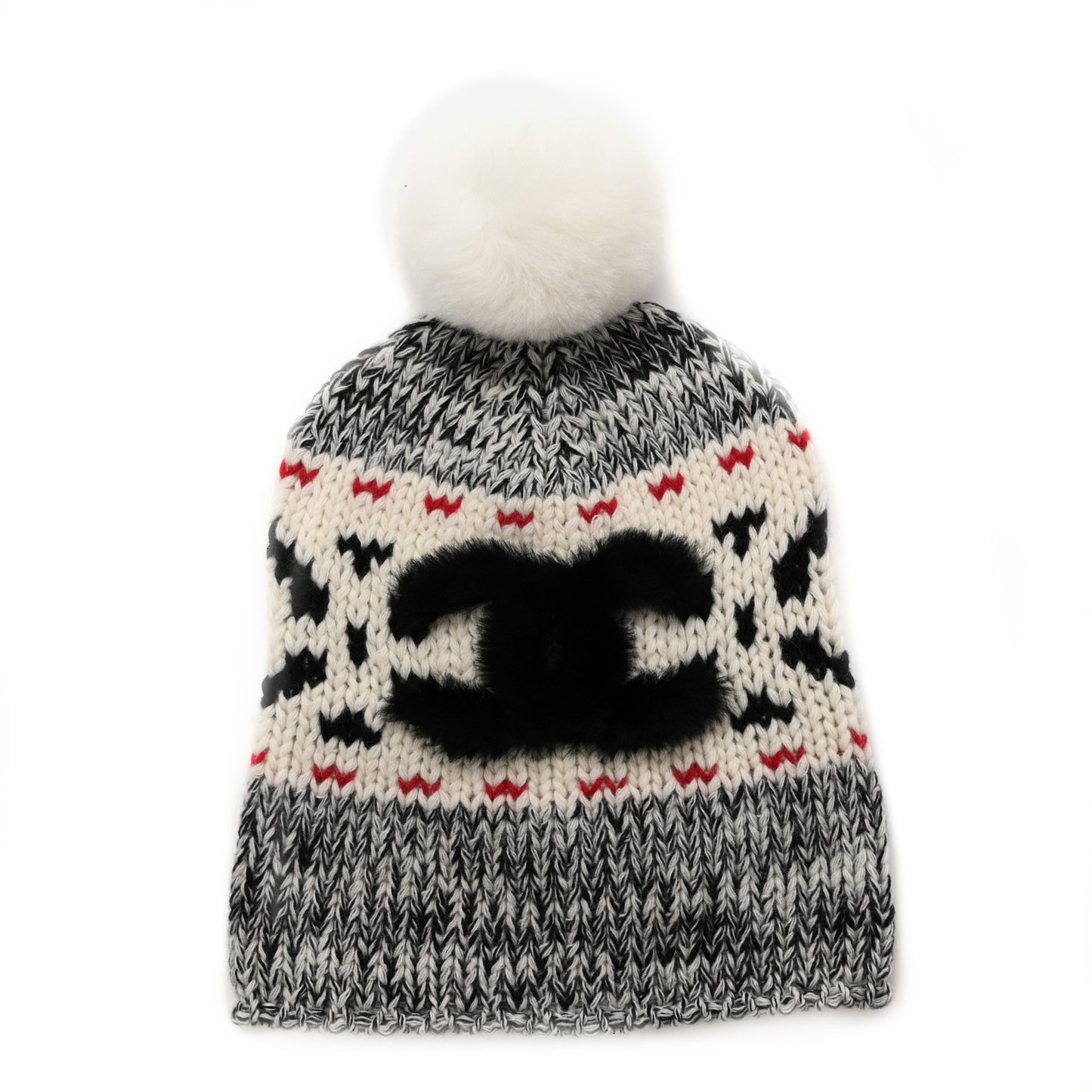 Wool Shearling CC Beanie Hat Ivory Black Red