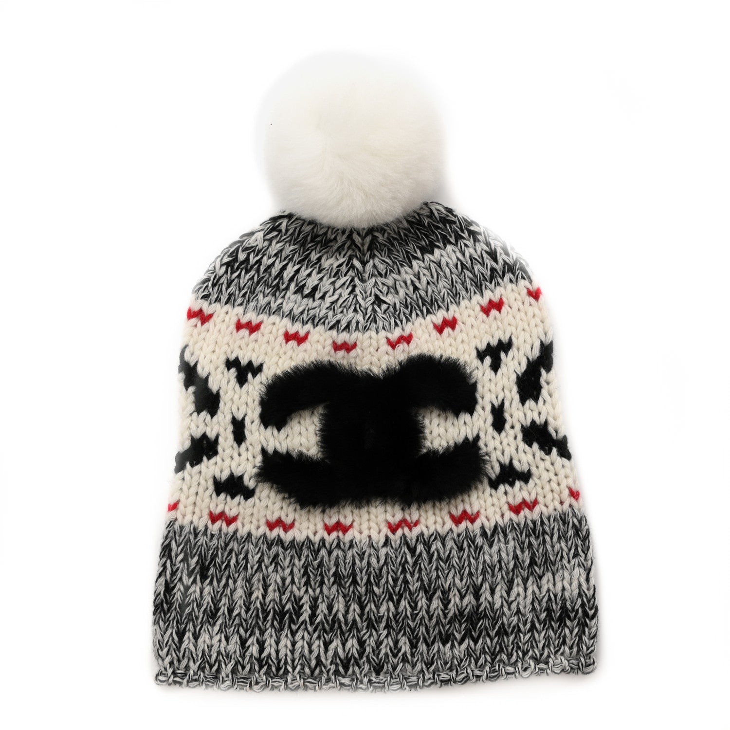 Chanel Wool Shearling CC Beanie Hat Ivory Black Red 1 of 5
