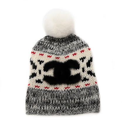 Chanel Wool Shearling CC Beanie Hat Ivory Black Red 1 of 5
