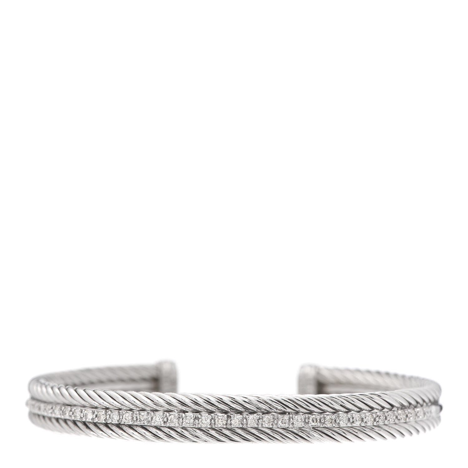 David Yurman Sterling Silver 14K White Gold Diamond 7mm Cable Classics Cuff Bracelet 1 of 5