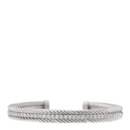 David Yurman Sterling Silver 14K White Gold Diamond 7mm Cable Classics Cuff Bracelet 1 of 5