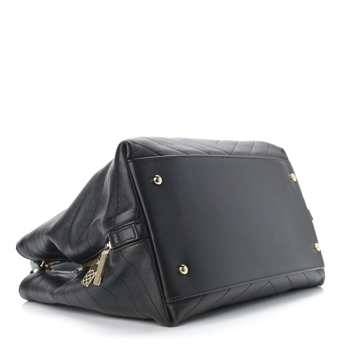 Calfskin Stitched Large Chevron Chic Shopping Bag Black