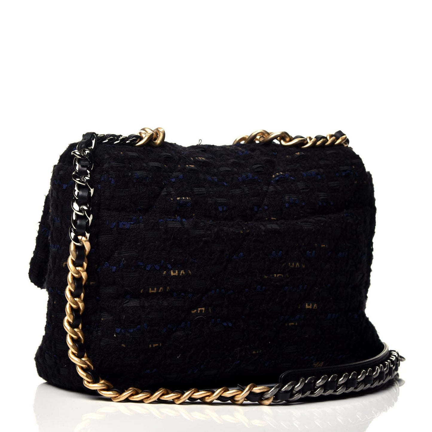 Tweed Quilted Large Chanel 19 Flap Black Navy Gold