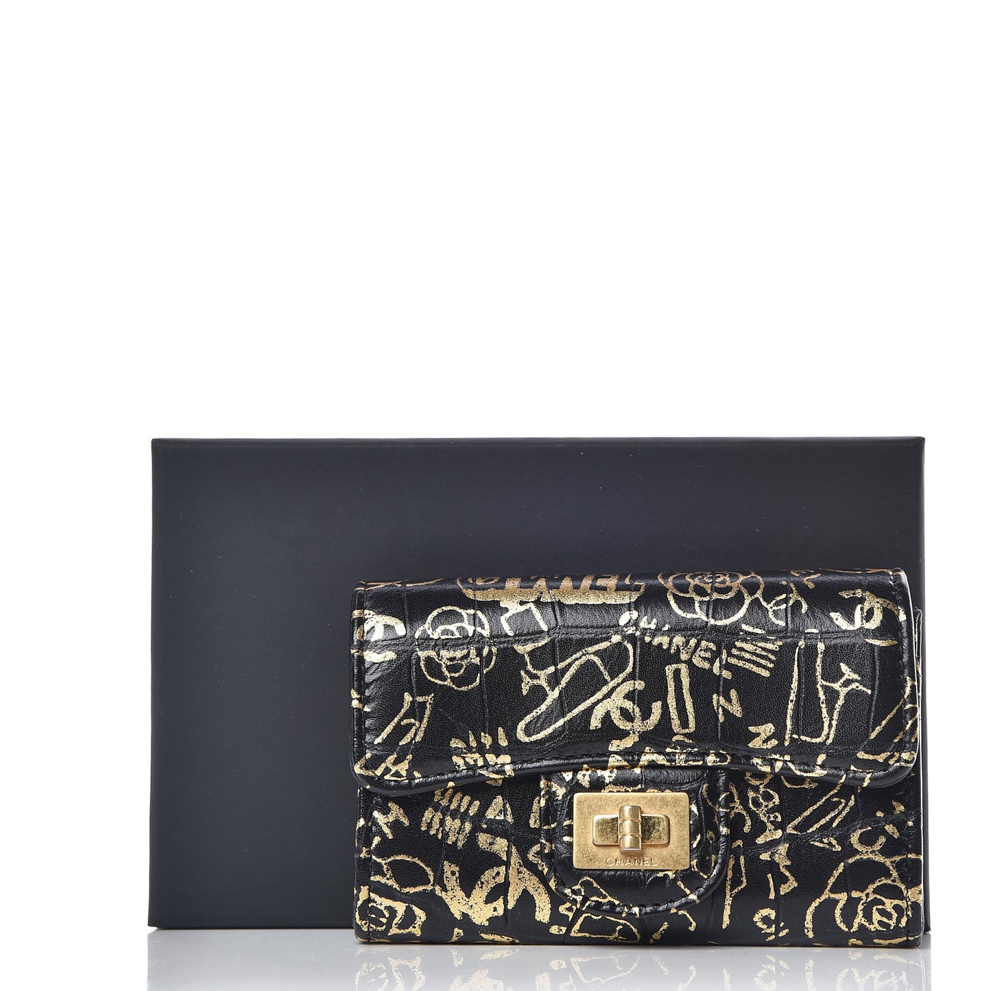 Calfskin Crocodile Embossed Graffiti 2.55 Cocodile Reissue Flap Card Holder Black Gold