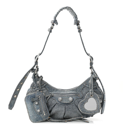 Balenciaga Washed Frayed Denim Crystal Small Le Cagole Shoulder Bag Blue 1 of 16