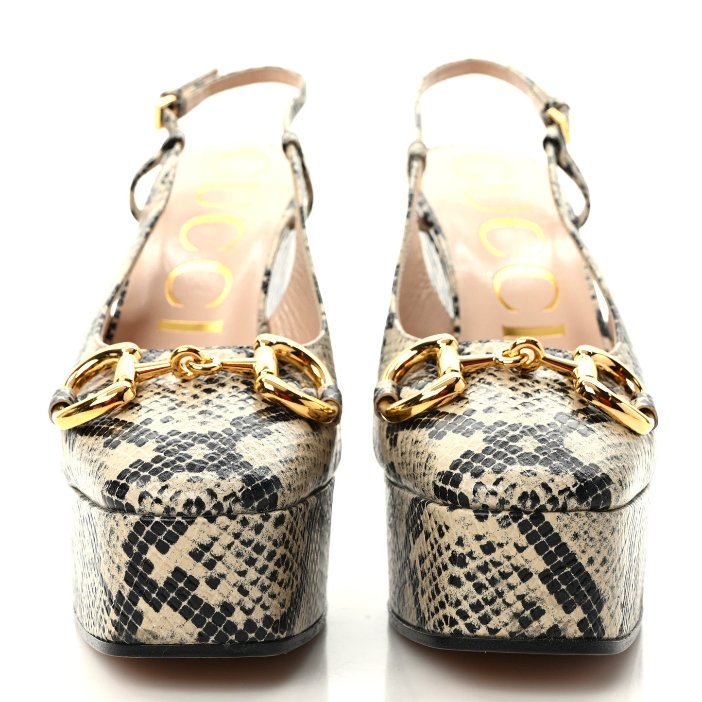 Calfskin Snakeskin Print Horsebit Platform 35/120mm Slingback Pumps 37.5 Beige Avana