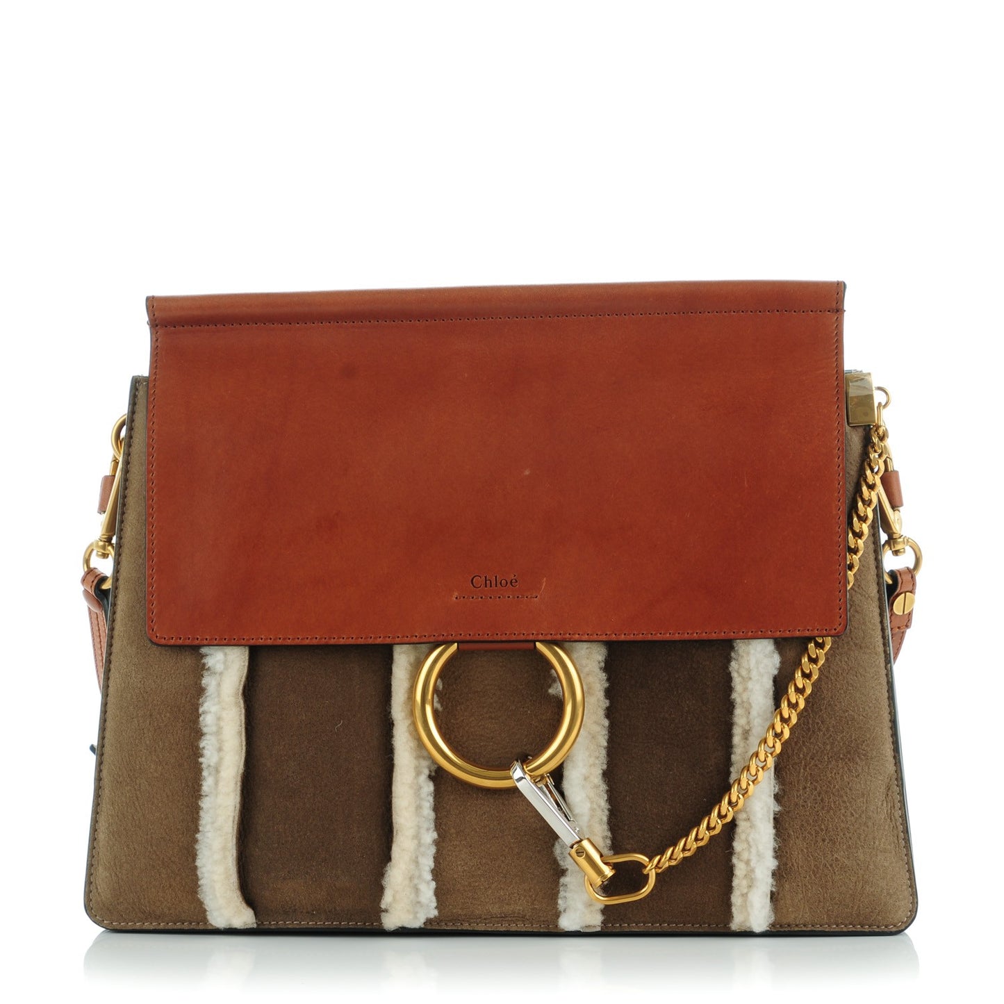 Suede Calfskin Striped Shearling Medium Faye Shoulder Bag Mahogany