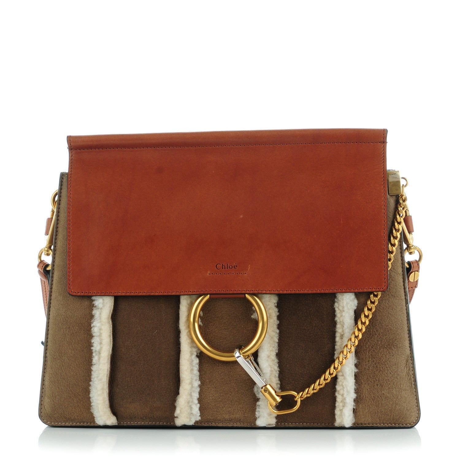 Chloe Suede Calfskin Striped Shearling Medium Faye Shoulder Bag Mahogany 1 of 8