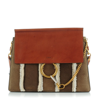 Chloe Suede Calfskin Striped Shearling Medium Faye Shoulder Bag Mahogany 1 of 8