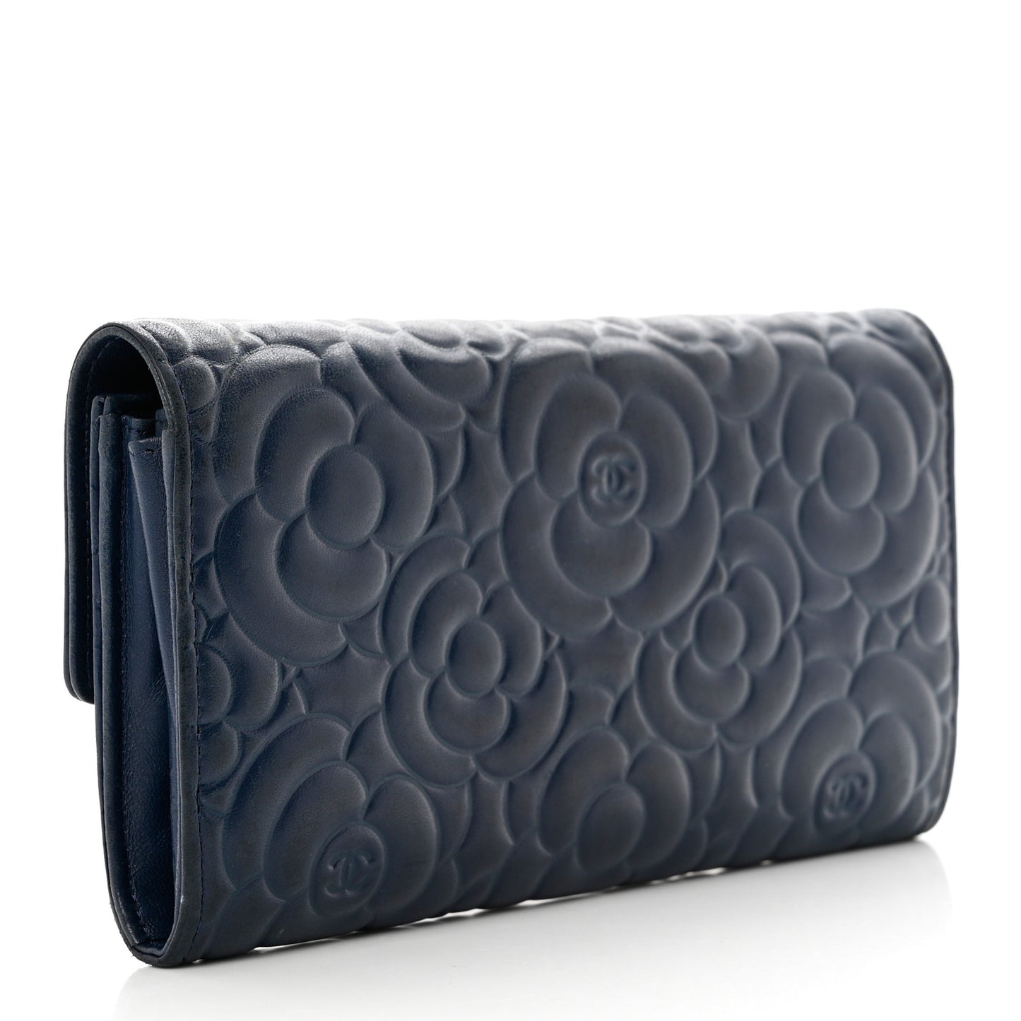 Lambskin Embossed Camellia Large Gusset Flap Wallet Navy