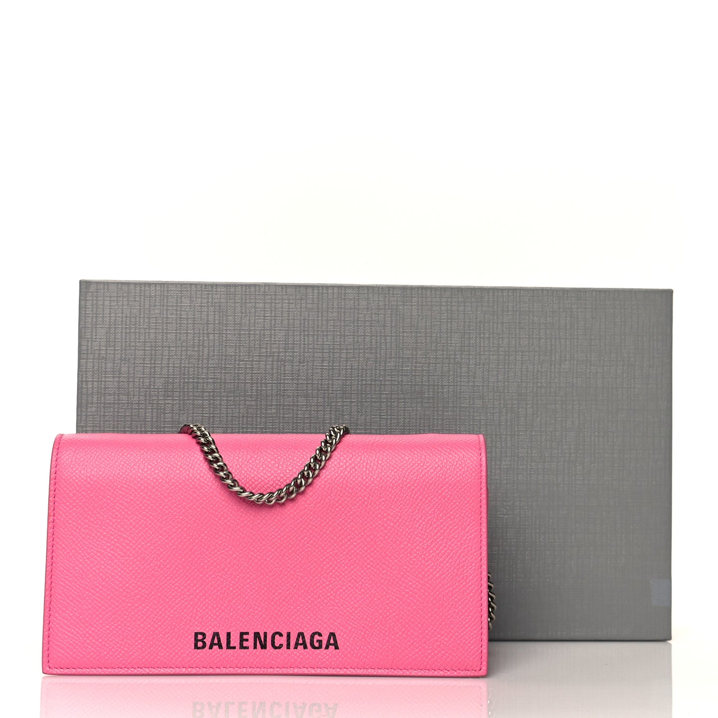 Signature Grained Calfskin Logo Ville Wallet on Chain Bubble Gum Black