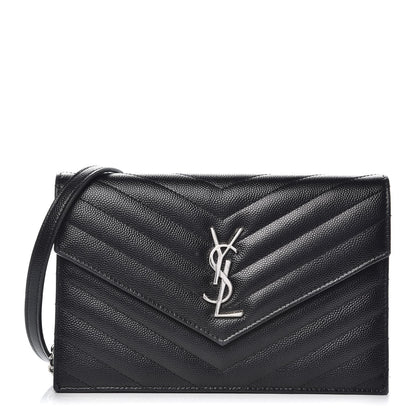 Saint Laurent Grain De Poudre Matelasse Chevron Monogram Envelope Chain Wallet Black 1 of 9