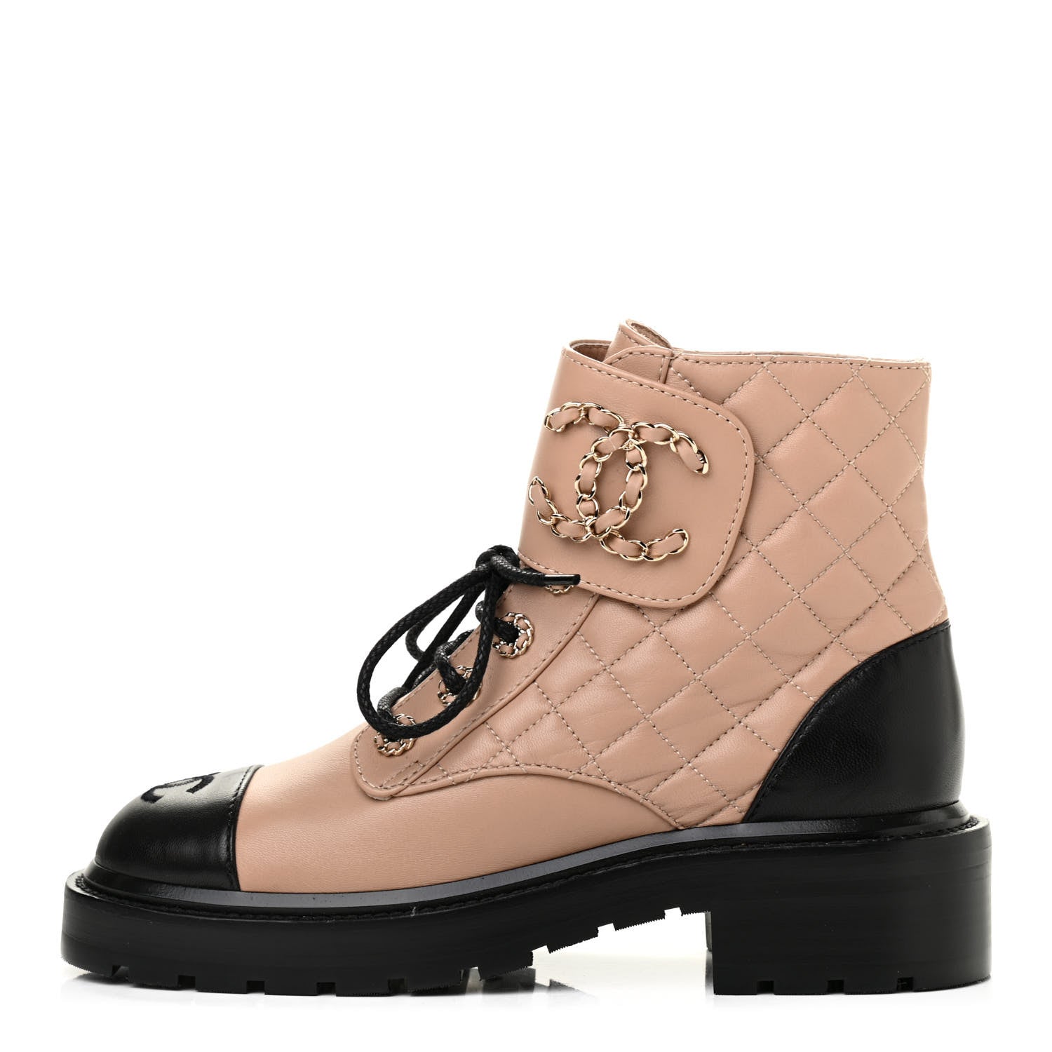 Chanel Shiny Lambskin Quilted Lace Up Combat Boots 36 Beige Black 1 of 7