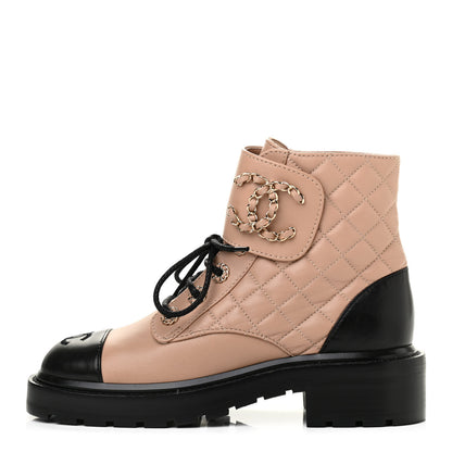 Chanel Shiny Lambskin Quilted Lace Up Combat Boots 36 Beige Black 1 of 7