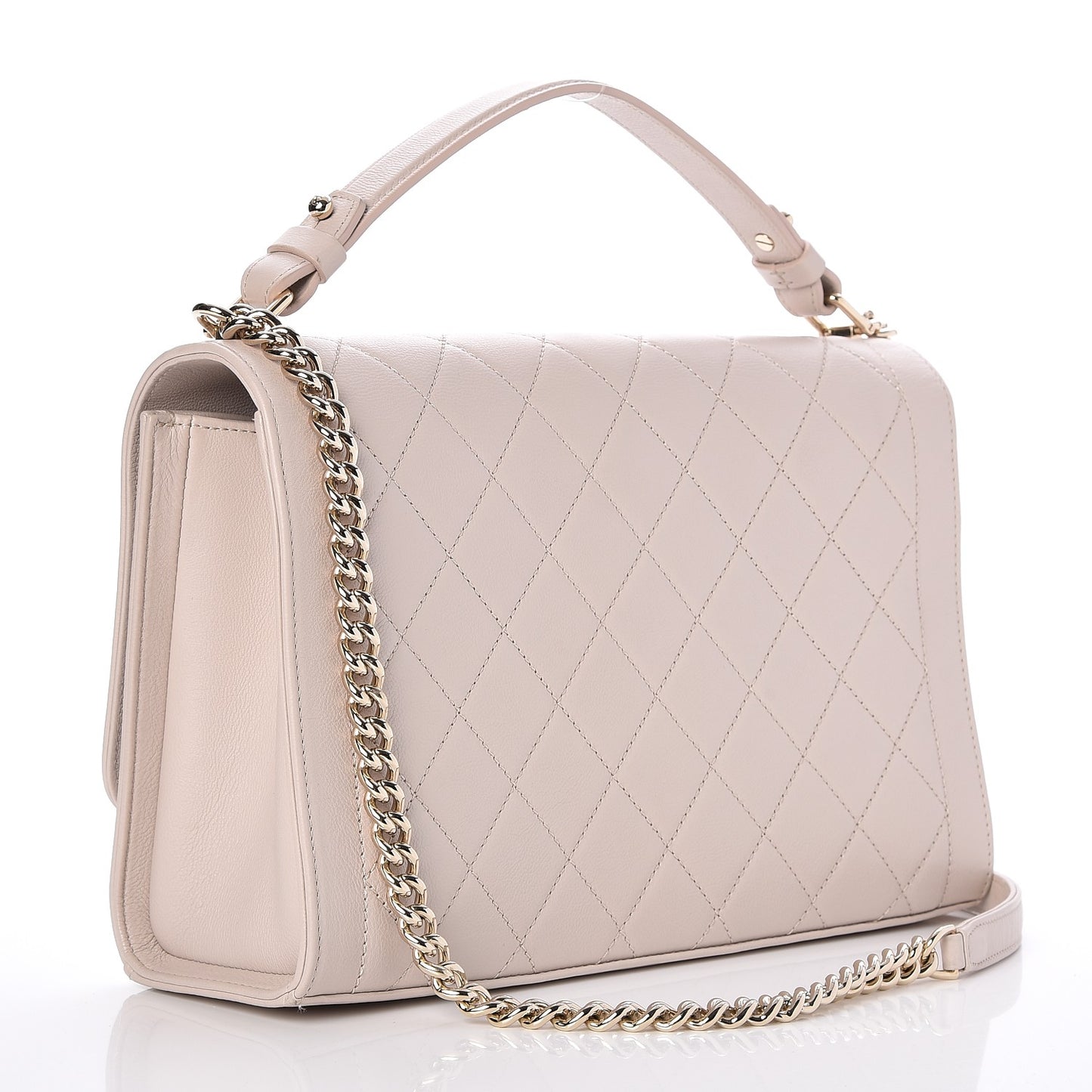 Grained Calfskin Quilted Large Label Click Flap Bag Light Beige