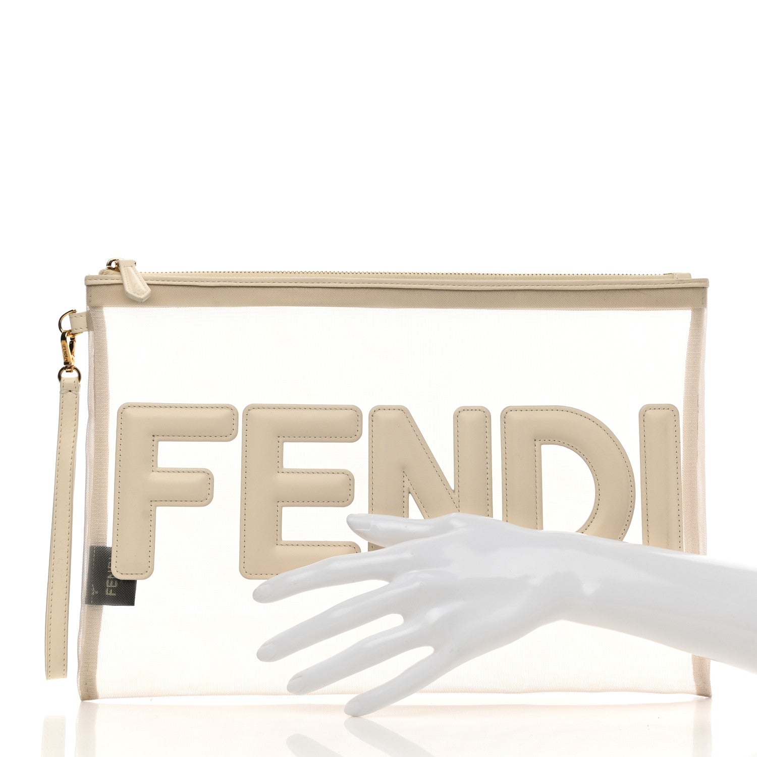 Fendi Mesh Vitello King Logo Embroidered Large Flat Pouch Sabbia White Ice 2 of 8