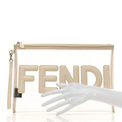 Fendi Mesh Vitello King Logo Embroidered Large Flat Pouch Sabbia White Ice 2 of 8