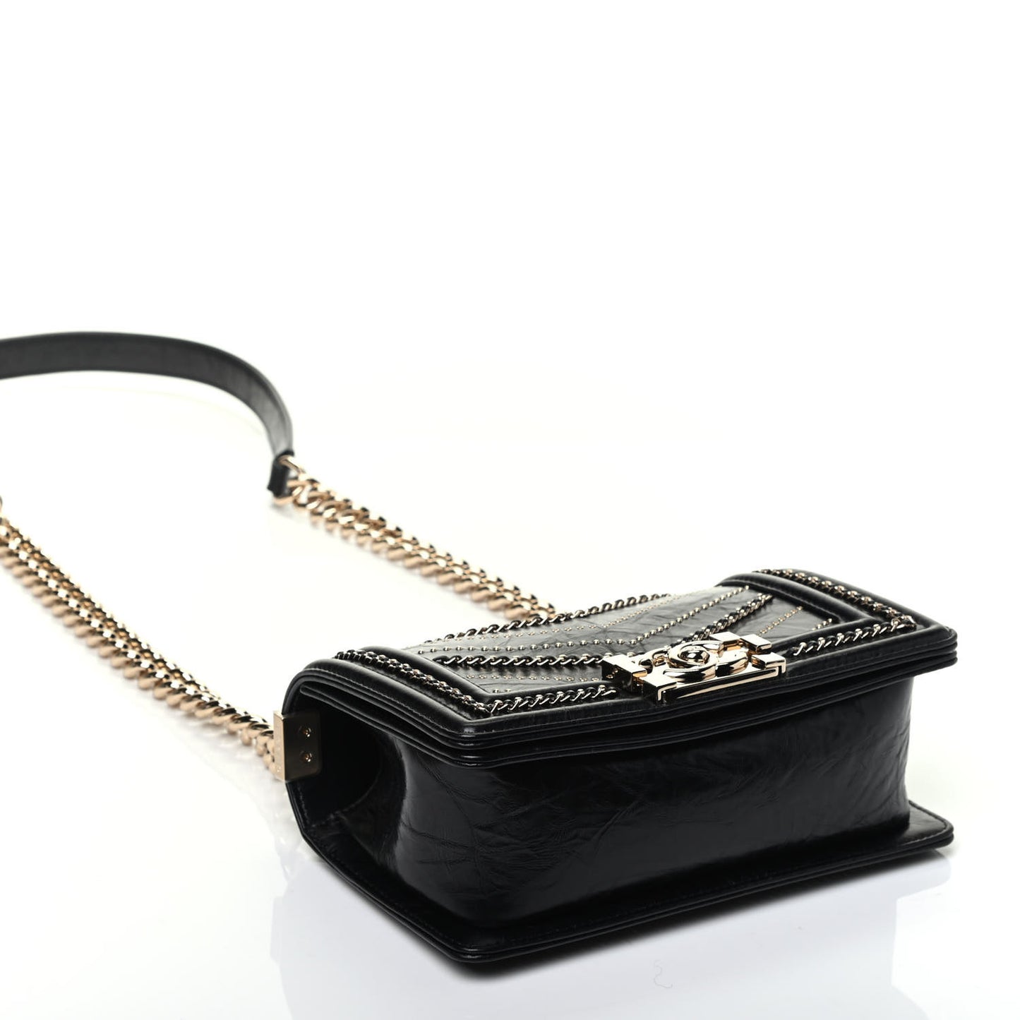 Crumpled Calfskin Chevron Small Chain Boy Flap Black