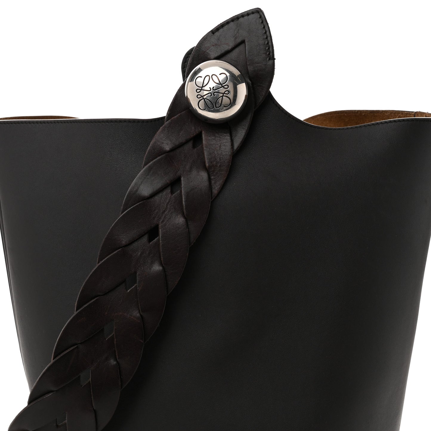 Smooth Calfskin Braided Medium Large Bucket Bag Dark Brown