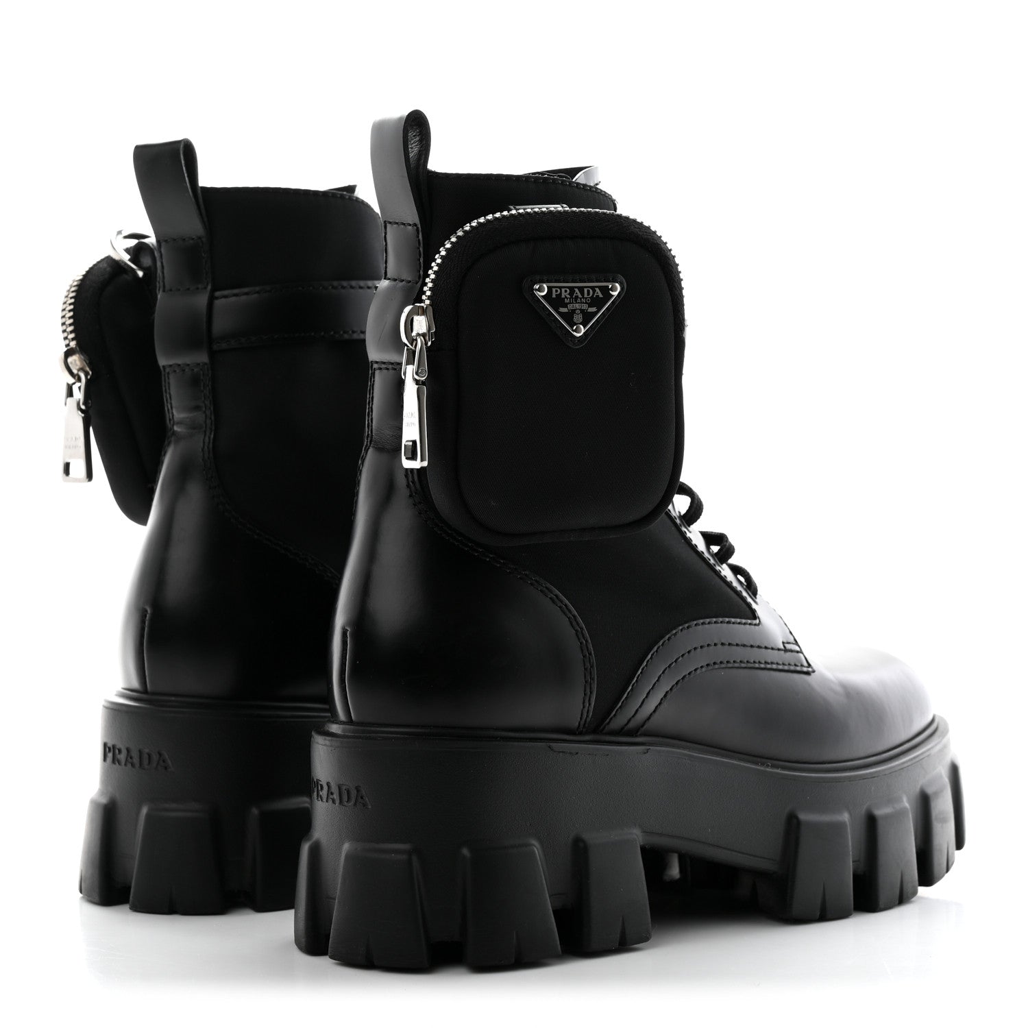 Prada Spazzolato Rois Re-Nylon Metal Triangle Logo Monolith Pouch Pocket 55mm Boots 36 Black 4 of 15