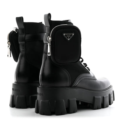 Prada Spazzolato Rois Re-Nylon Metal Triangle Logo Monolith Pouch Pocket 55mm Boots 36 Black 4 of 15