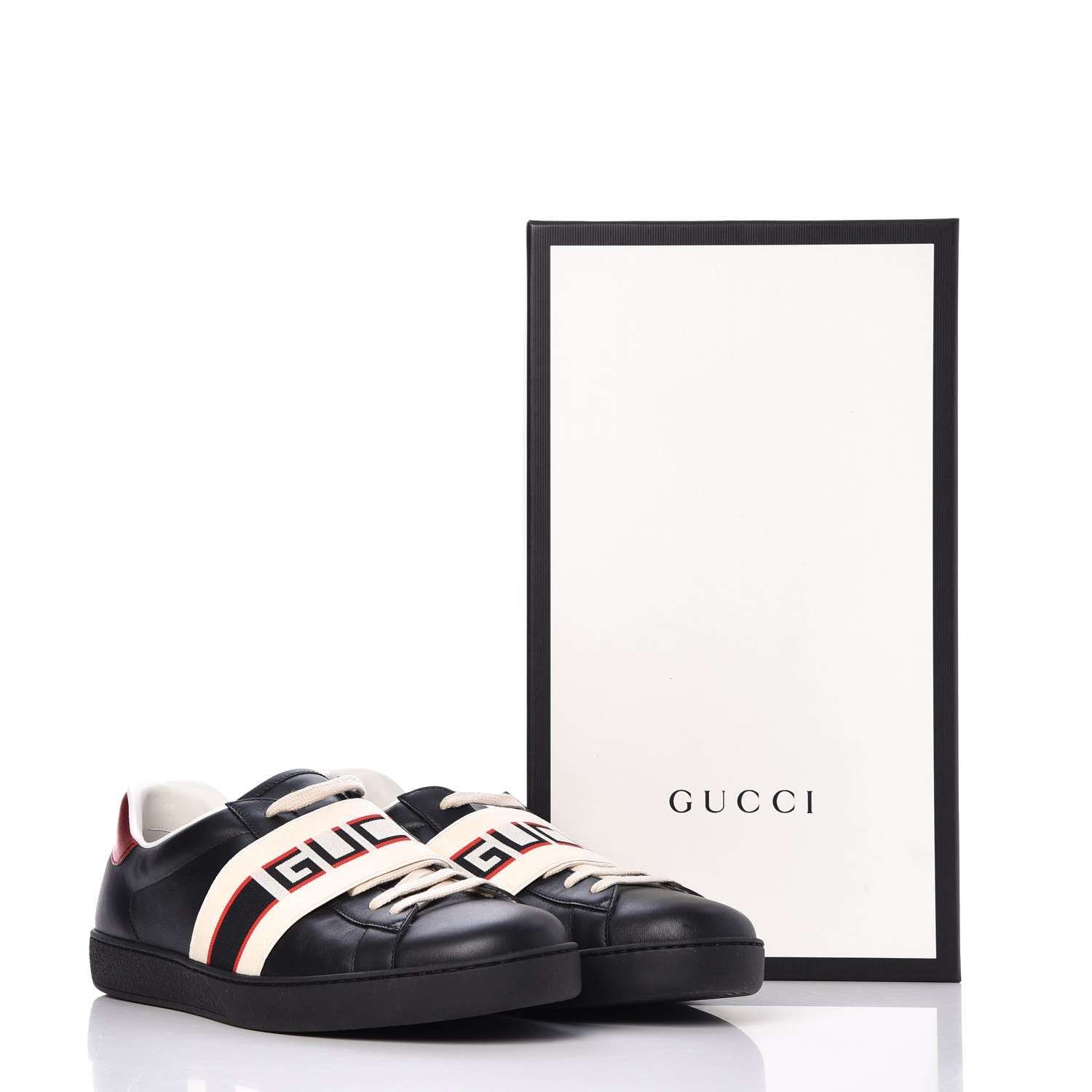 Gucci Calfskin Stripe Mens New Ace Sneakers 11 Black Ecru Red Flame 10 of 11