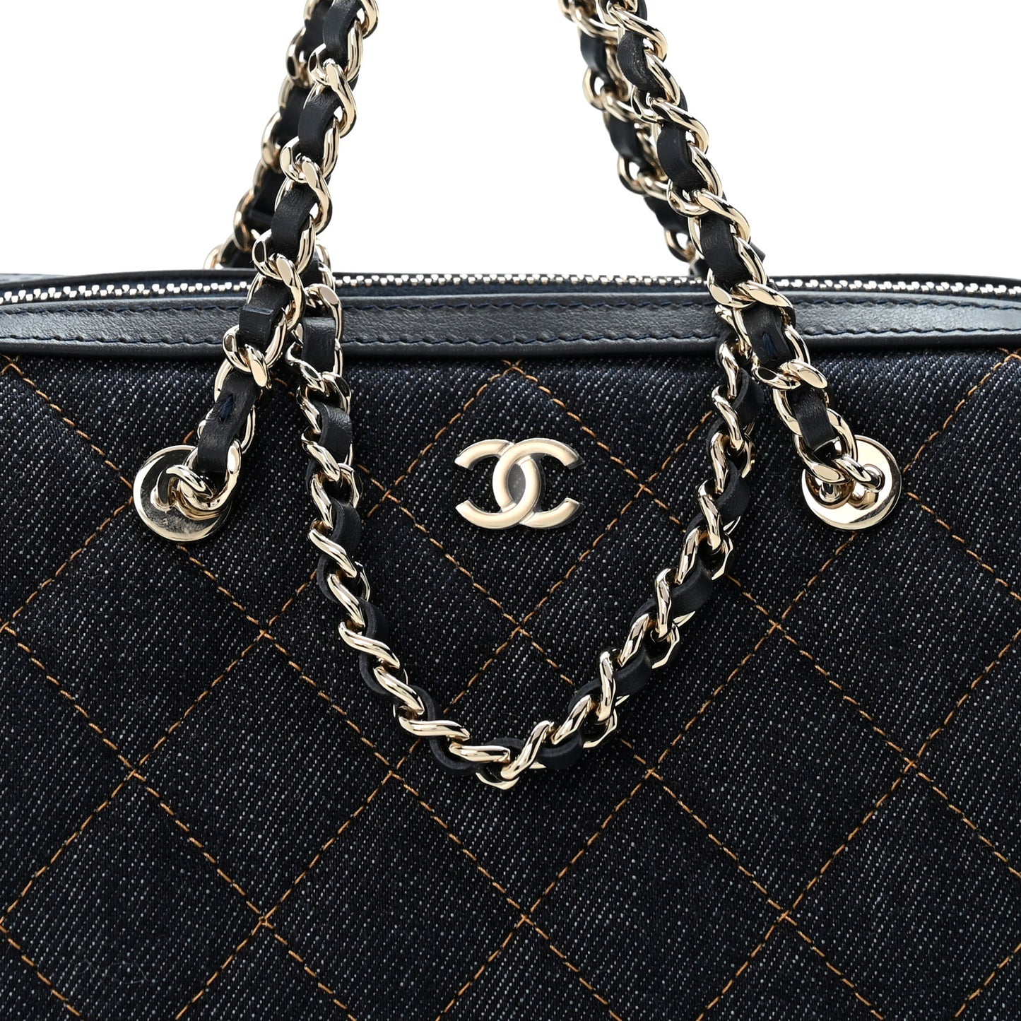 Denim Quilted Barrel Clutch With Chain Dark Blue Orange