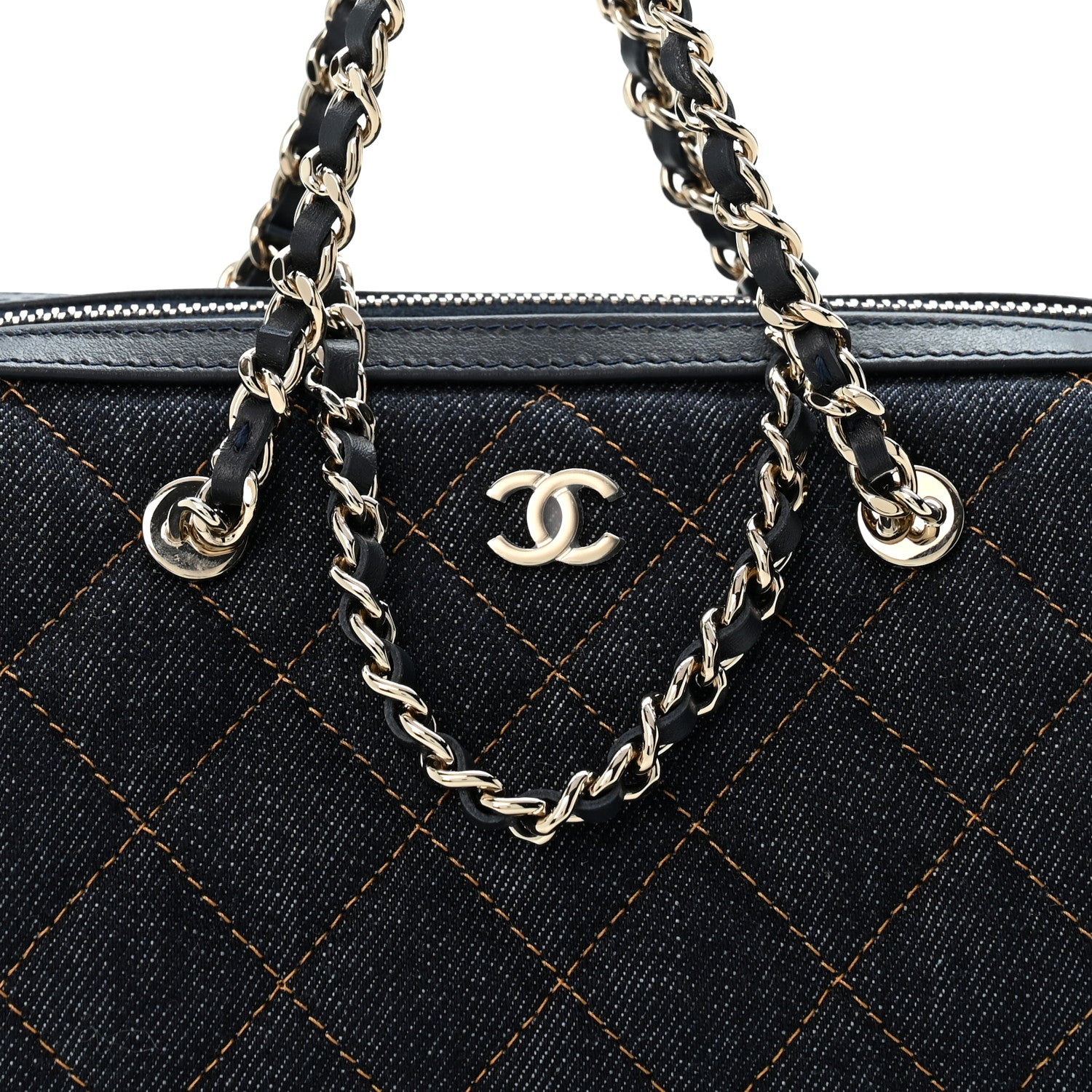 Chanel Denim Quilted Barrel Clutch With Chain Dark Blue Orange 8 of 10