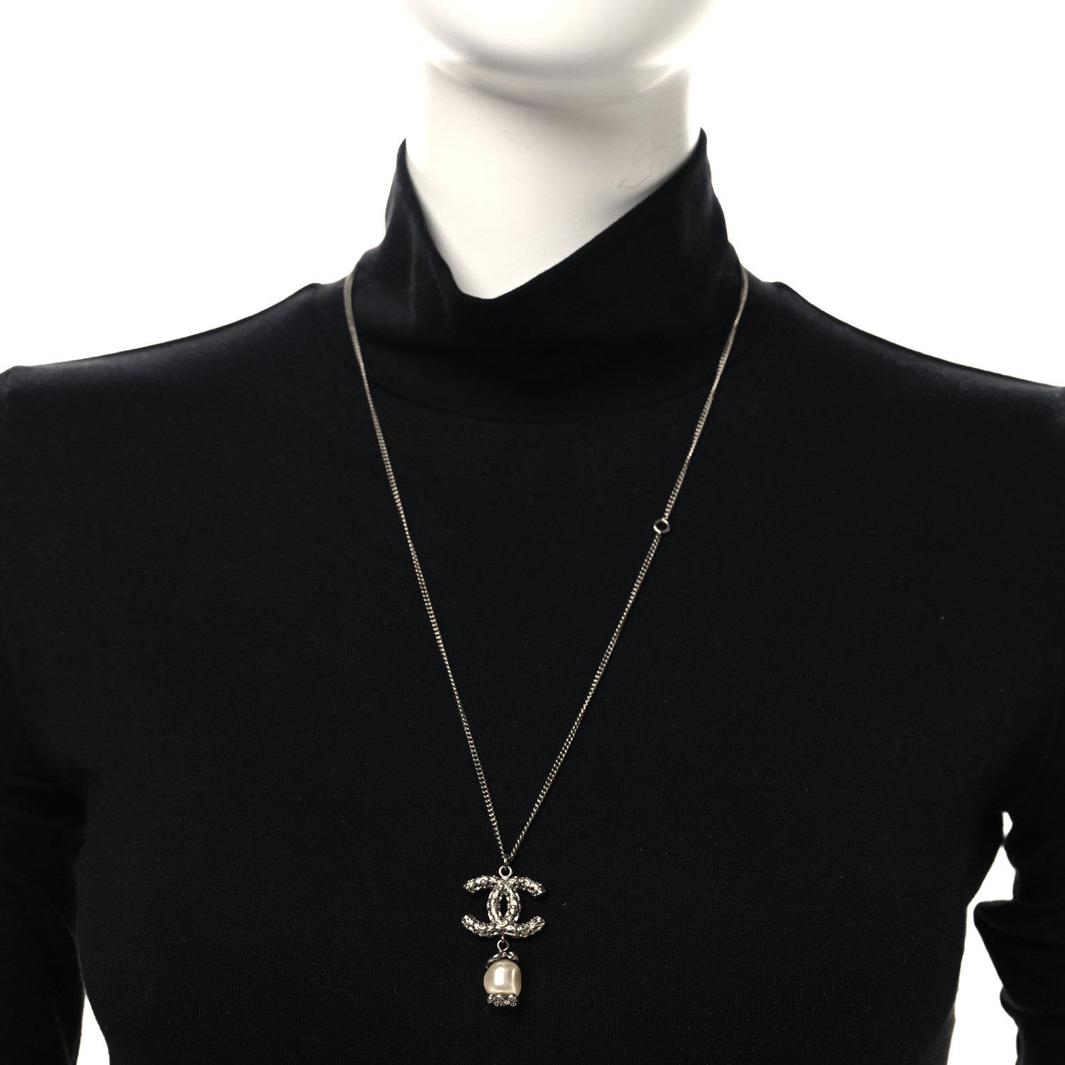 Chanel Pearl Twisted CC Drop Necklace Silver 2 of 4