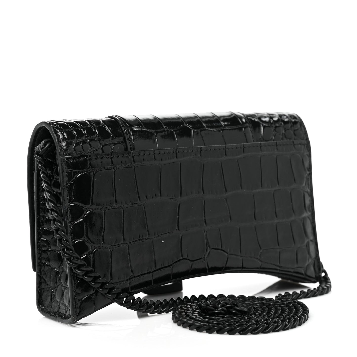 Shiny Calfskin Monochrome Crocodile Embossed Hourglass Chain Bag Black