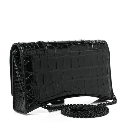 Balenciaga Shiny Calfskin Monochrome Crocodile Embossed Hourglass Chain Bag Black 3 of 10