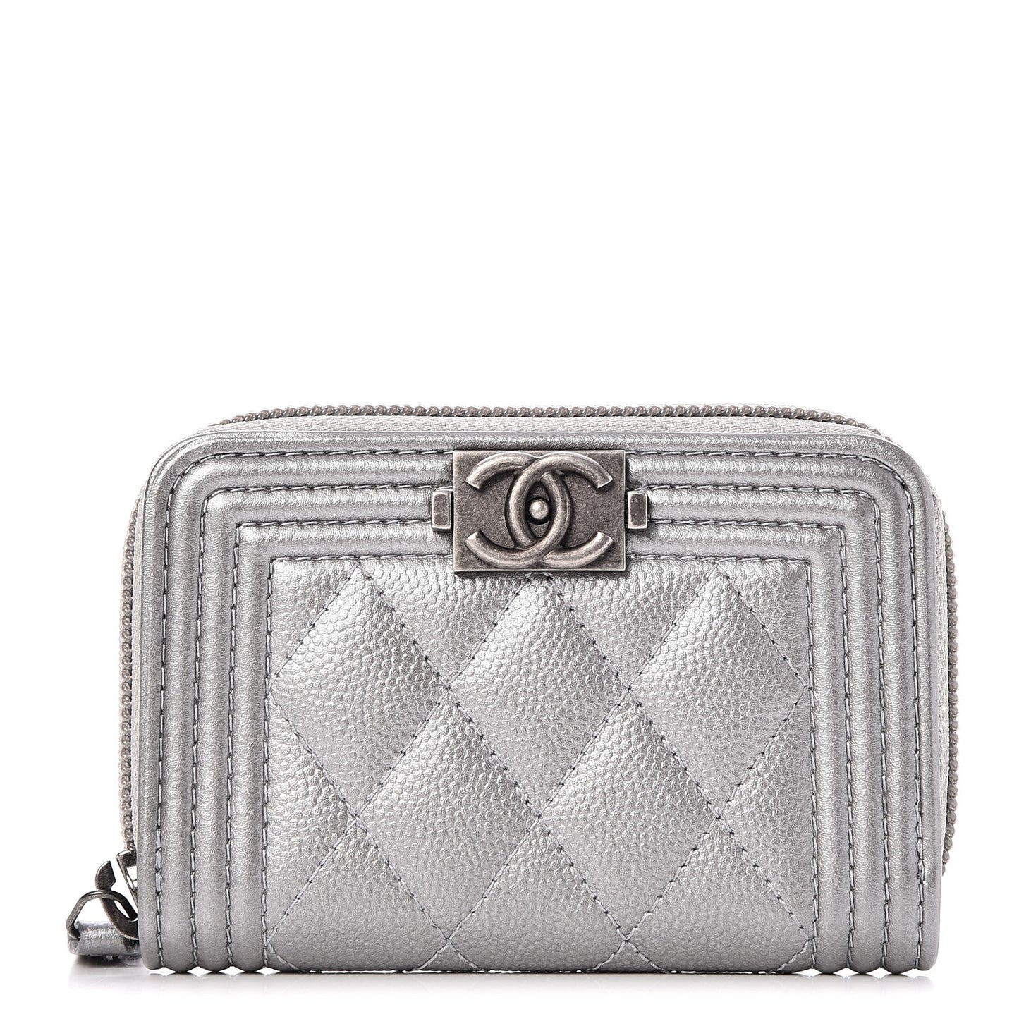 Metallic Caviar Quilted Boy Zip Around Coin Purse Wallet Silver