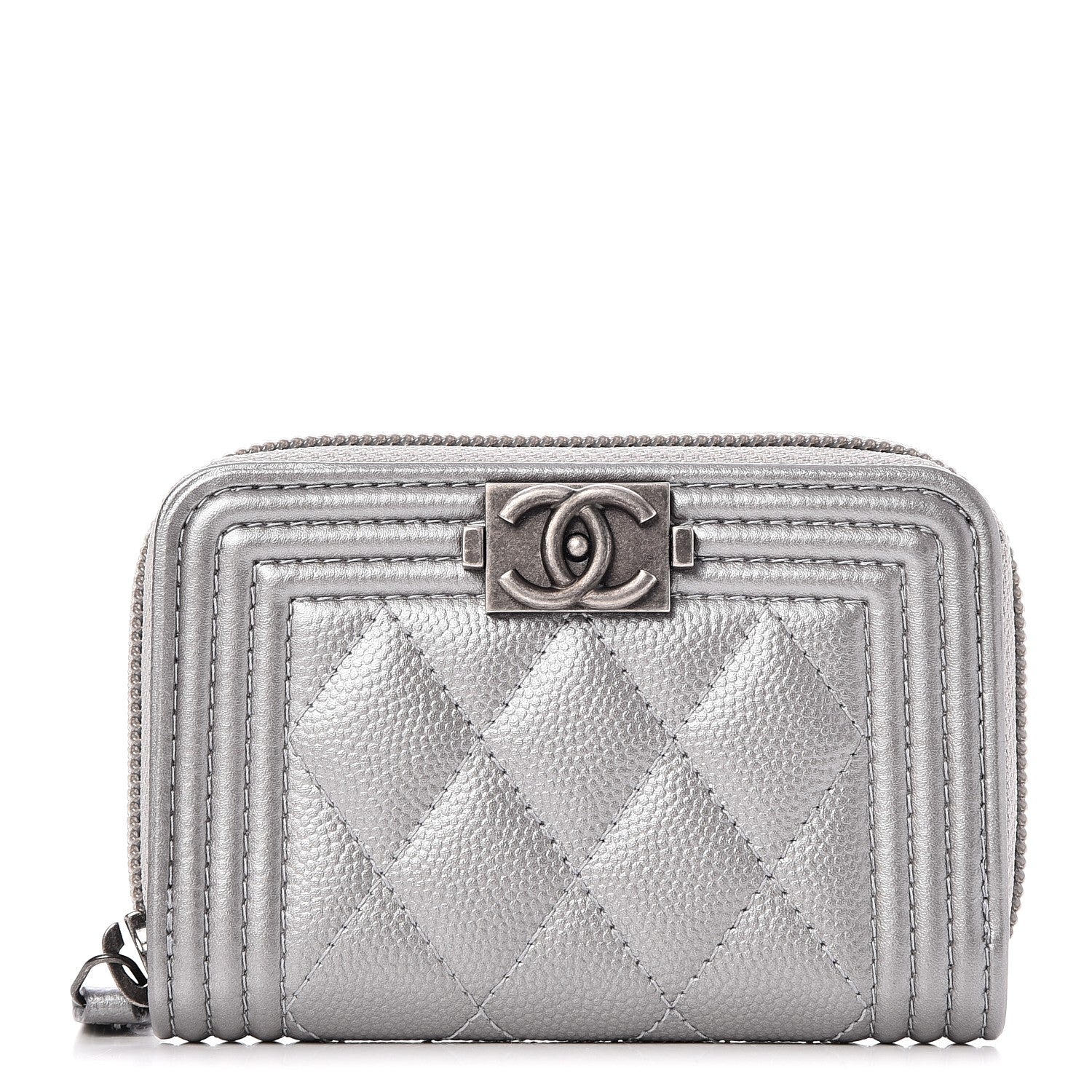 Chanel Metallic Caviar Quilted Boy Zip Around Coin Purse Wallet Silver 1 of 7