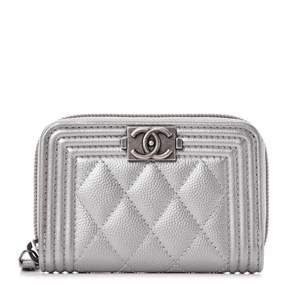 Chanel Metallic Caviar Quilted Boy Zip Around Coin Purse Wallet Silver 1 of 7