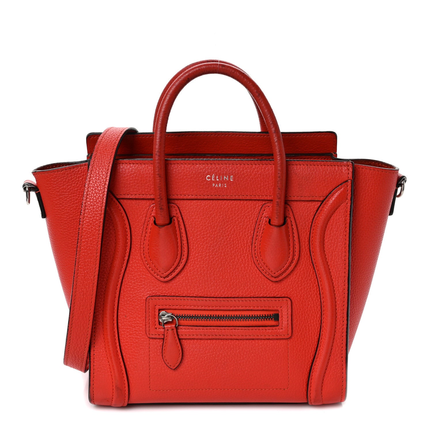 Celine Drummed Calfskin Nano Luggage Vermillion 1 of 17