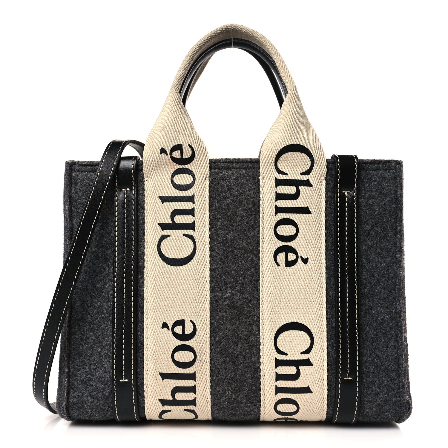 Chloe Felt Calfskin Small Woody Ribbon Tote With Strap Cashmere Grey 1 of 11