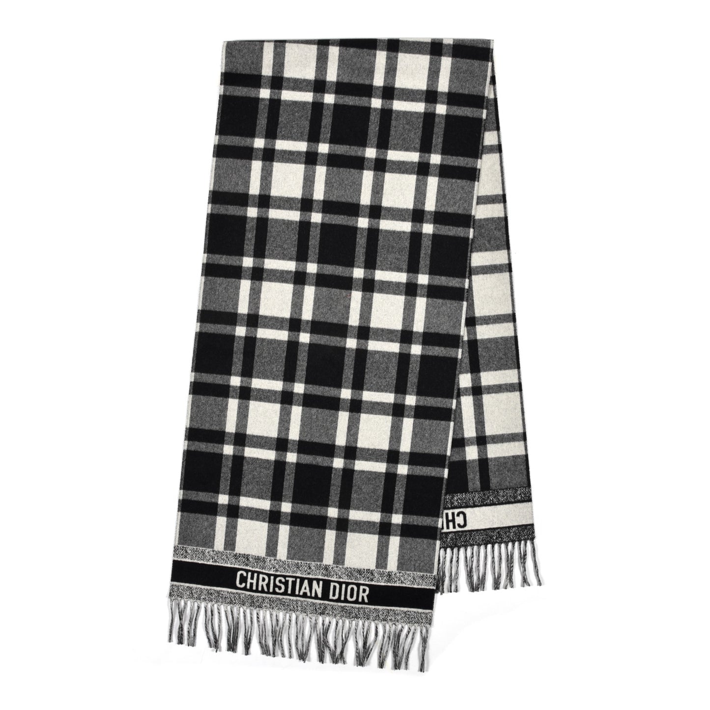Wool Angora Check'n'Dior Fringe Scarf White Black