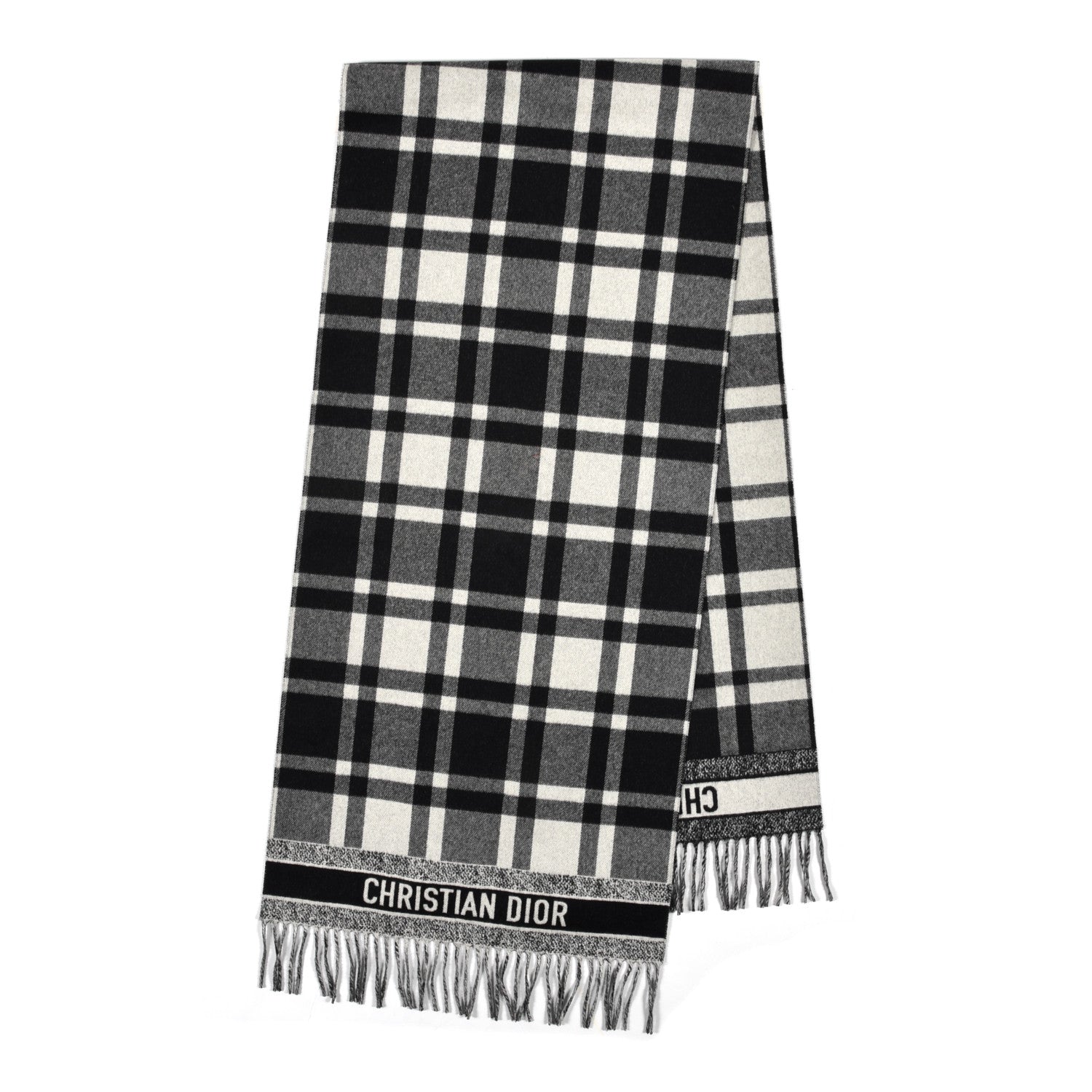Christian Dior Wool Angora Check'n'Dior Fringe Scarf White Black 2 of 4
