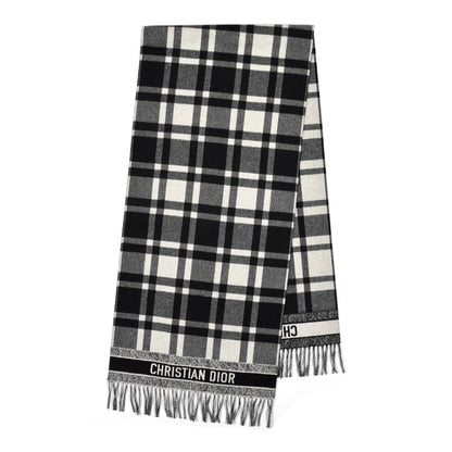 Christian Dior Wool Angora Check'n'Dior Fringe Scarf White Black 2 of 4